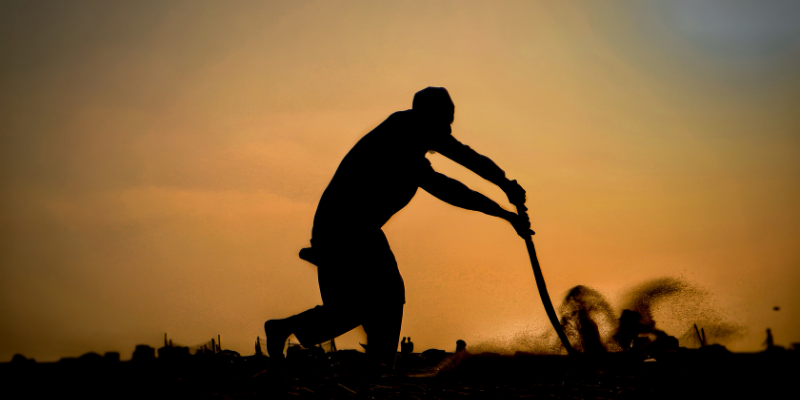 Image d'un homme en train de labourer la terre. 