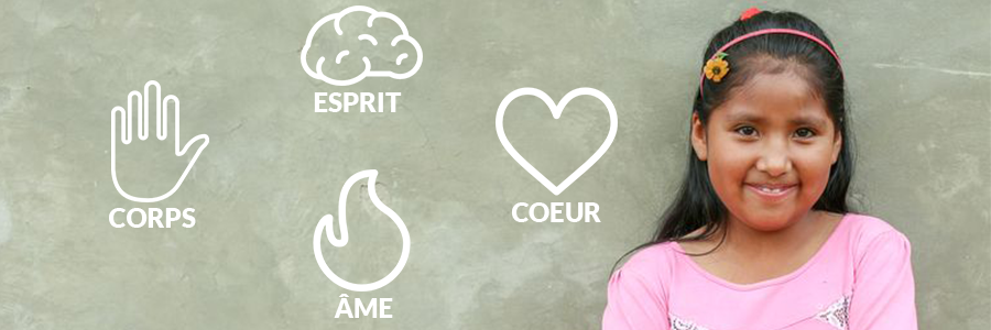 Sur l'image : une enfant souriante plus 4 icônes représentant le cœur, l'âme, le corps et l'esprit.